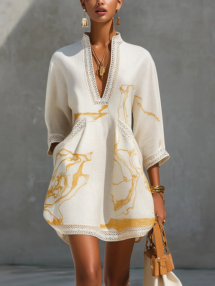 Isabella | Black Mini Dress with Gold Marble Print