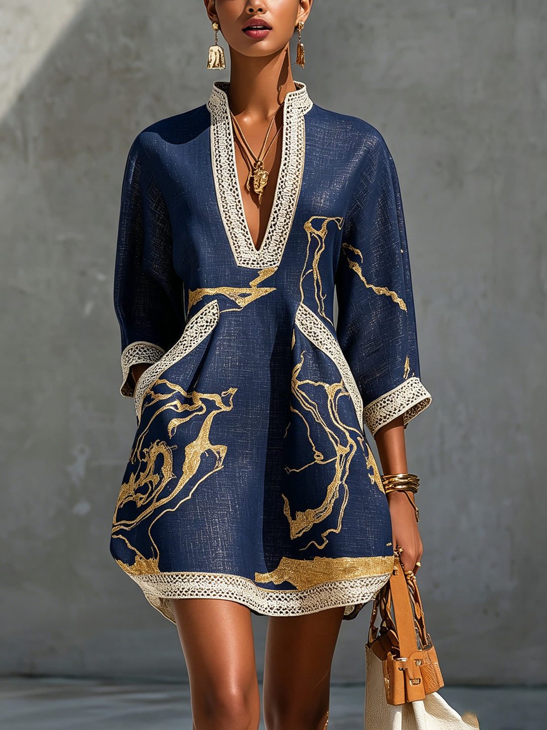 Isabella | Black Mini Dress with Gold Marble Print
