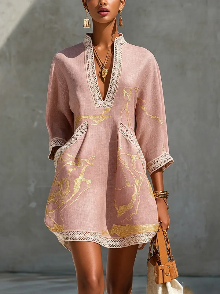 Isabella | Black Mini Dress with Gold Marble Print