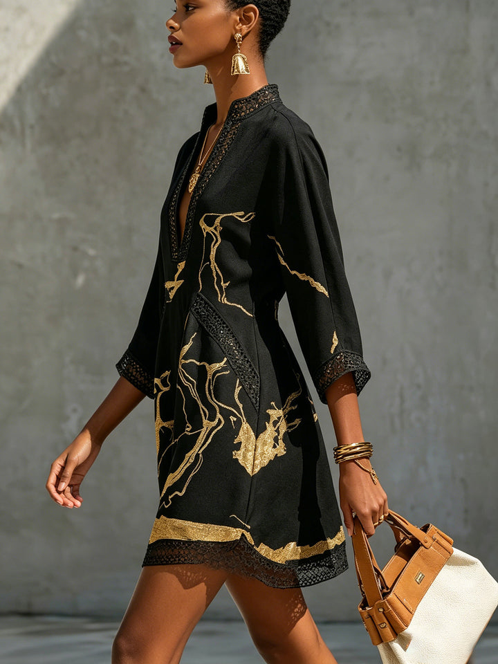 Isabella | Black Mini Dress with Gold Marble Print