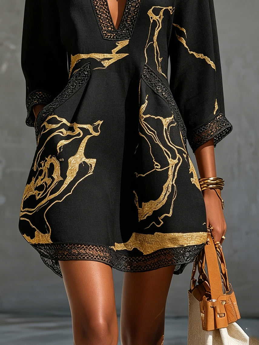 Isabella | Black Mini Dress with Gold Marble Print