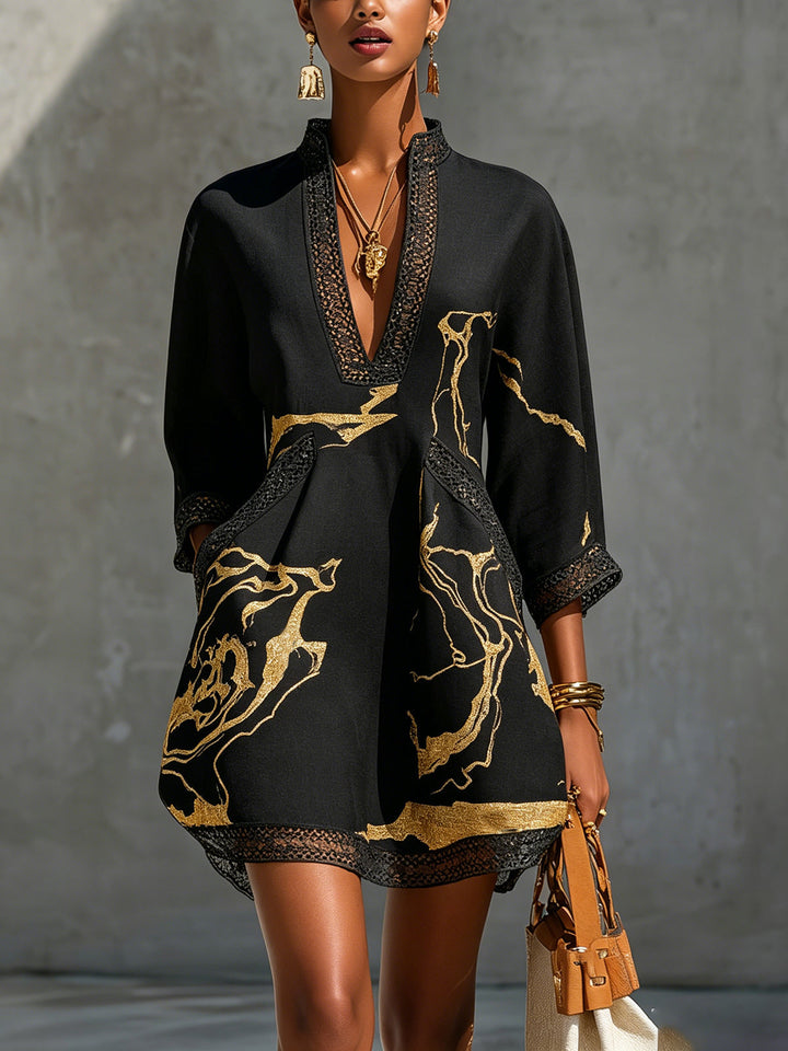 Isabella | Black Mini Dress with Gold Marble Print