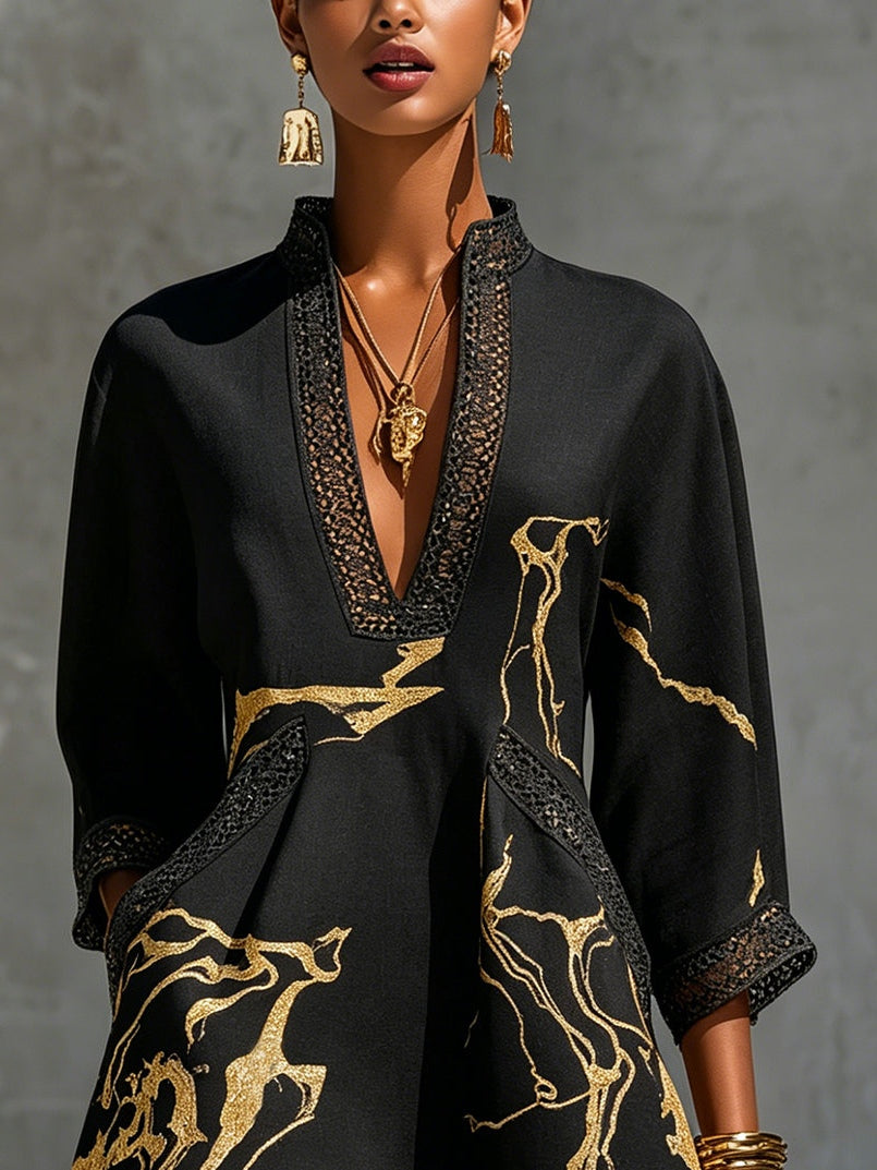 Isabella | Black Mini Dress with Gold Marble Print