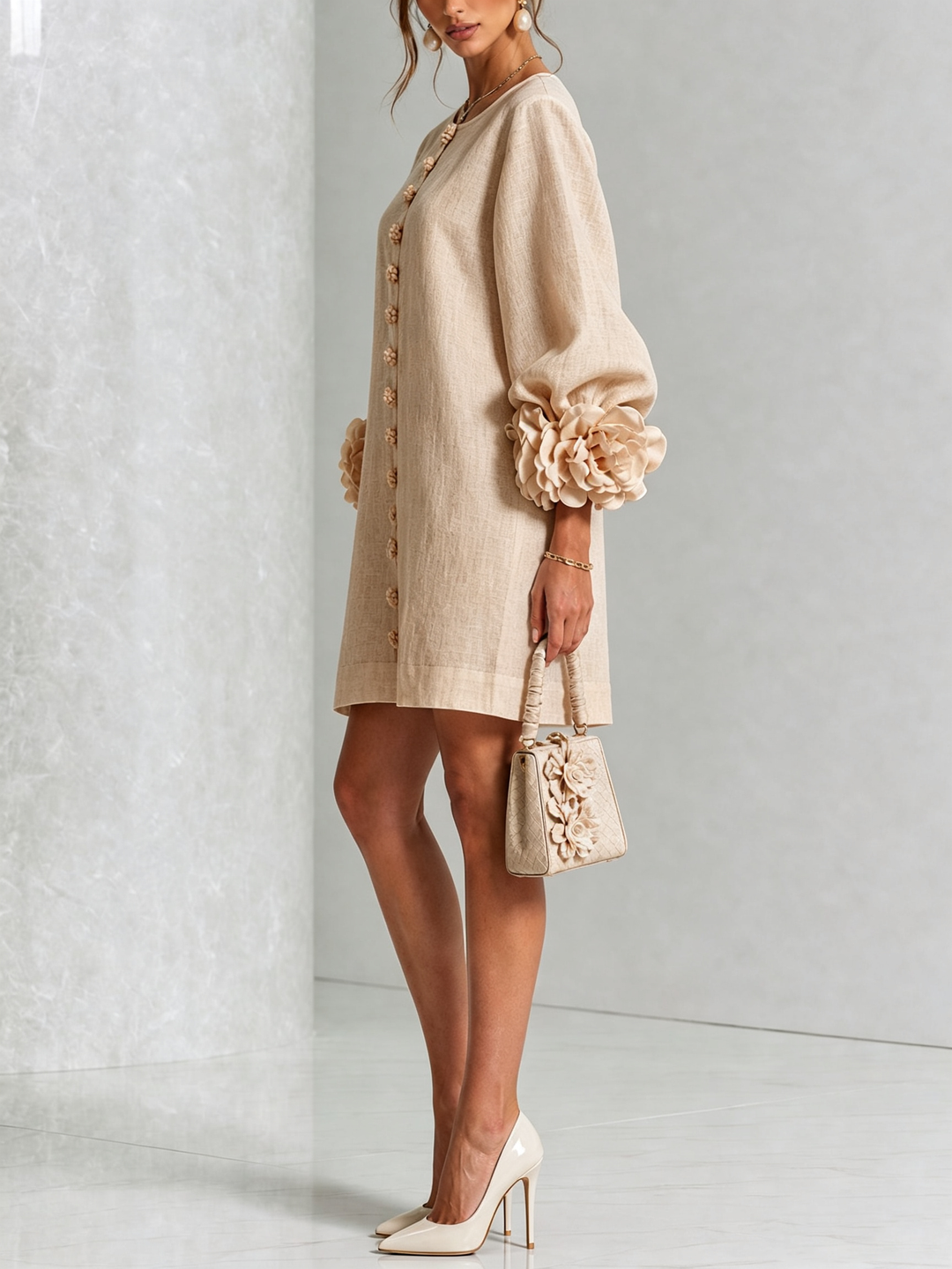 Amelia | White Mini Dress with Floral Buttons