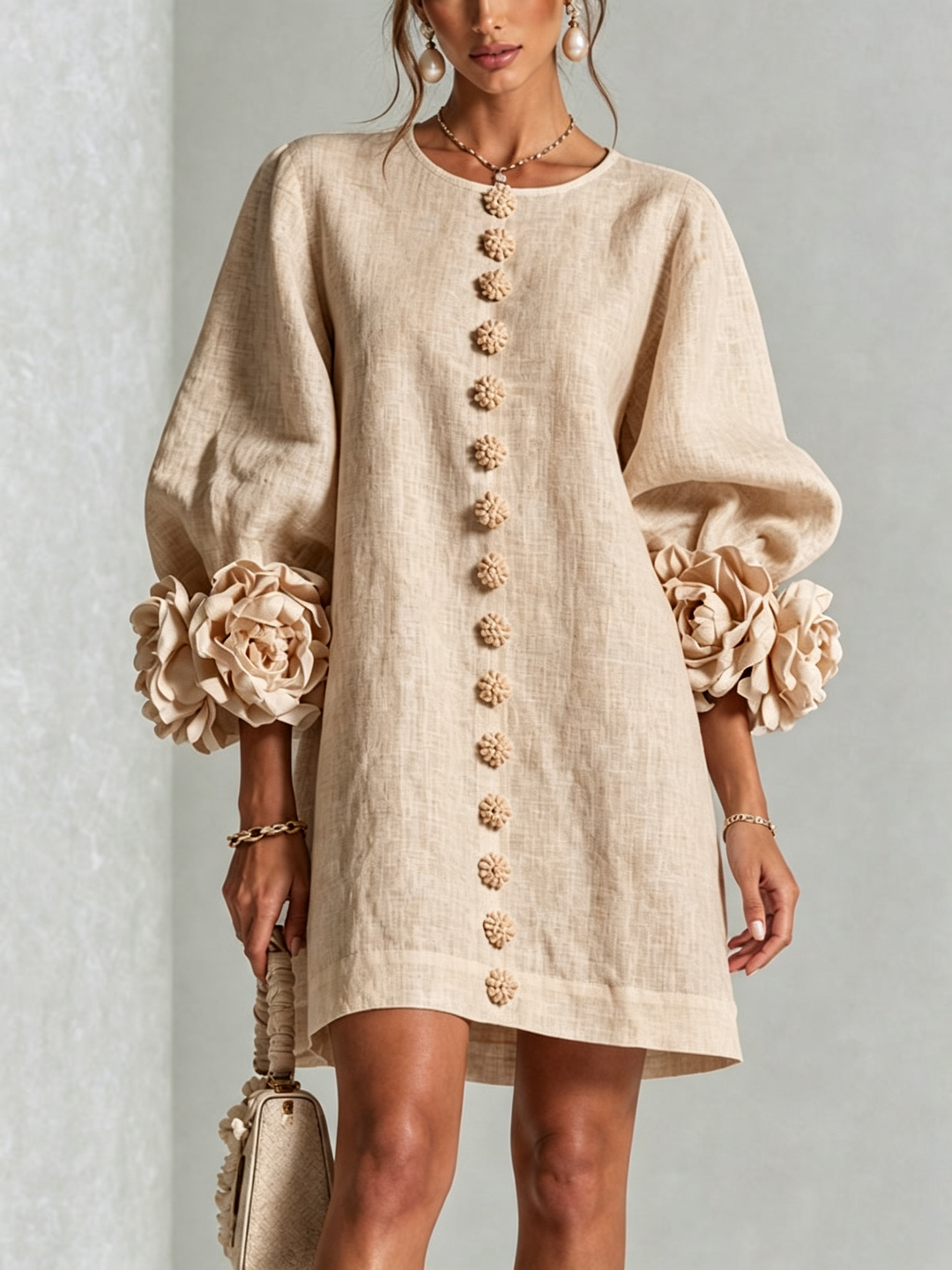 Amelia | White Mini Dress with Floral Buttons