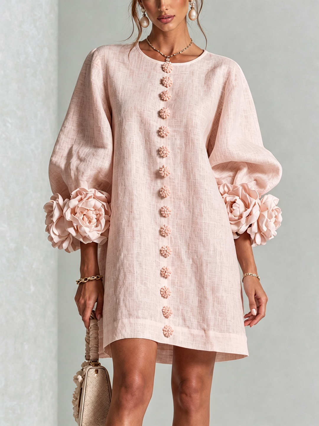 Amelia | White Mini Dress with Floral Buttons