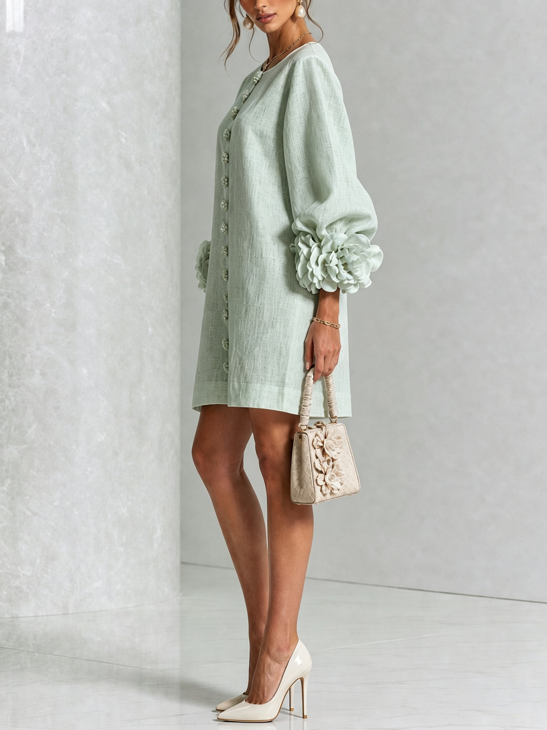 Amelia | White Mini Dress with Floral Buttons
