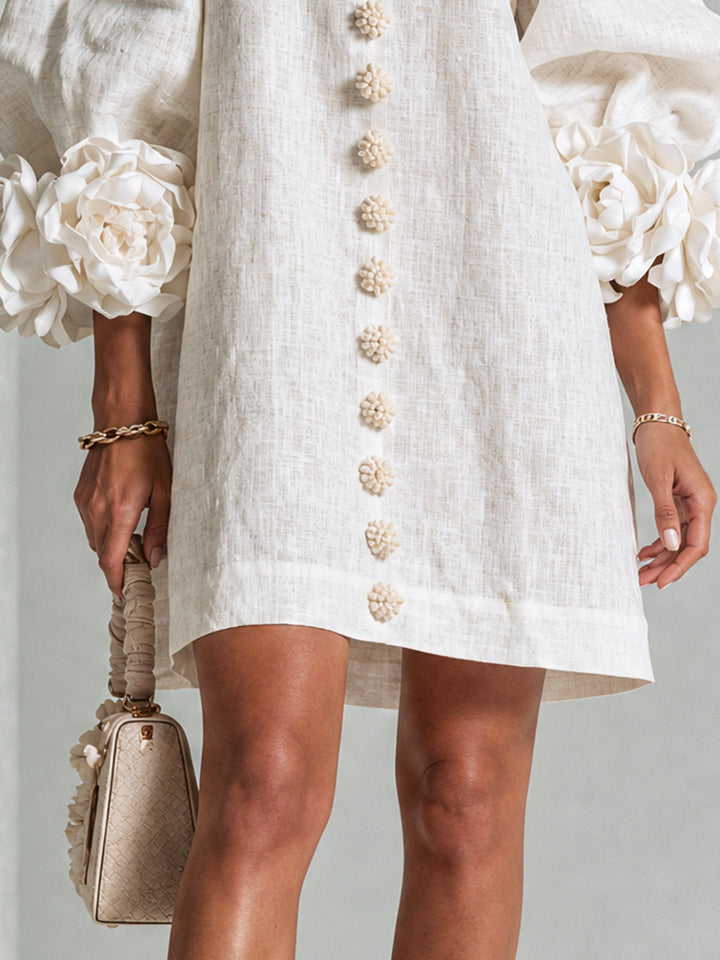 Amelia | White Mini Dress with Floral Buttons