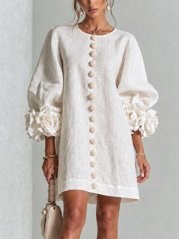 Amelia | White Mini Dress with Floral Buttons