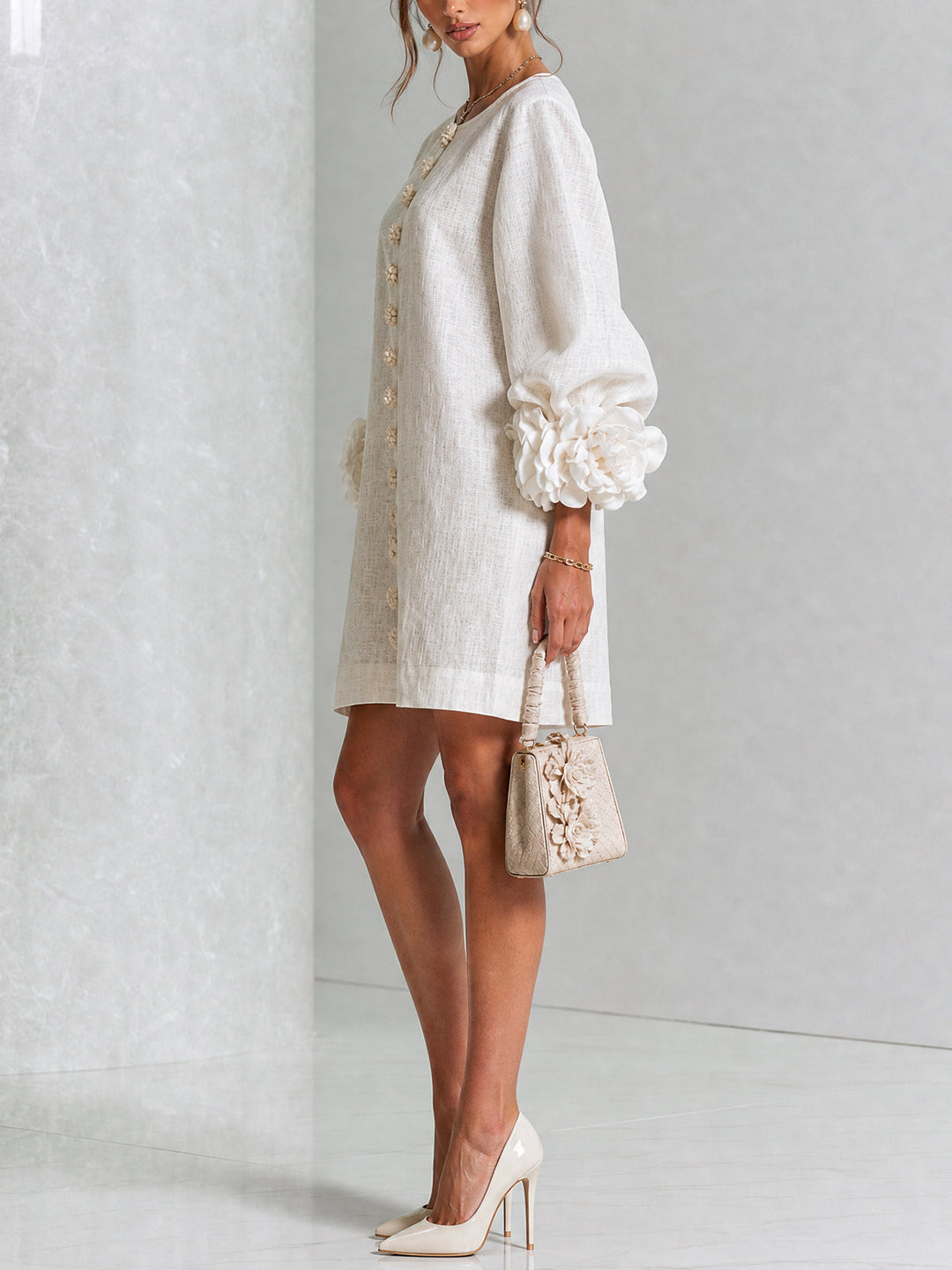 Amelia | White Mini Dress with Floral Buttons