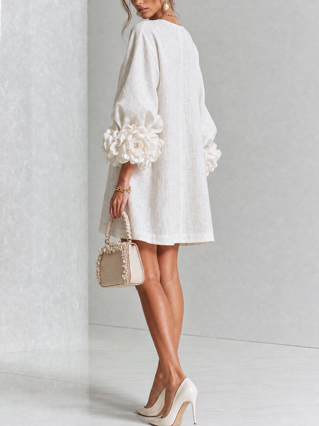 Amelia | White Mini Dress with Floral Buttons
