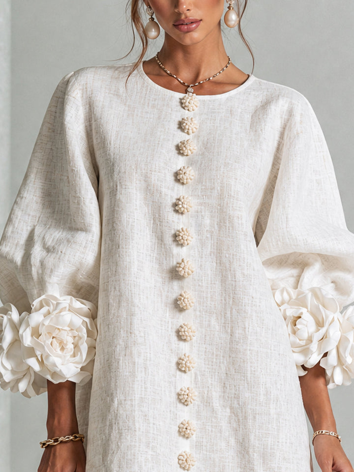 Amelia | White Mini Dress with Floral Buttons