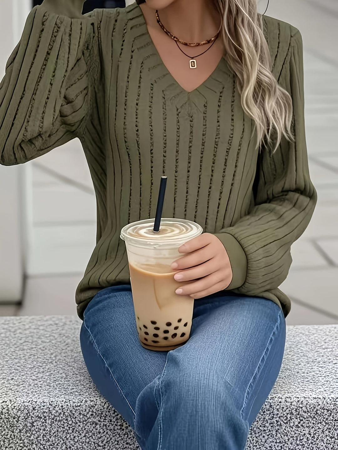 Anouk™ | Ribbed Knit Long-Sleeve V-Neck Pullover Sweater