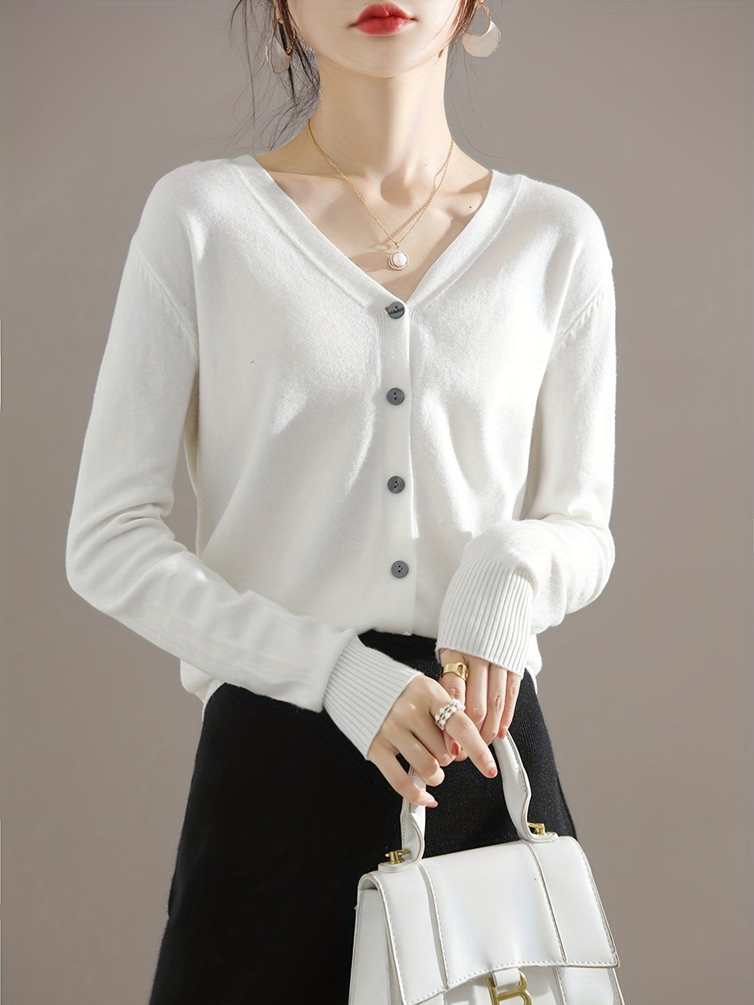 Solène™ | Button-Front Ribbed-Cuff V-Neck Cardigan Sweater