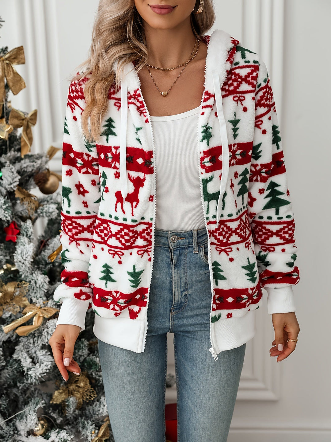noelle™ | Festive Reindeer-Print Hooded Zip-Up Hoodie