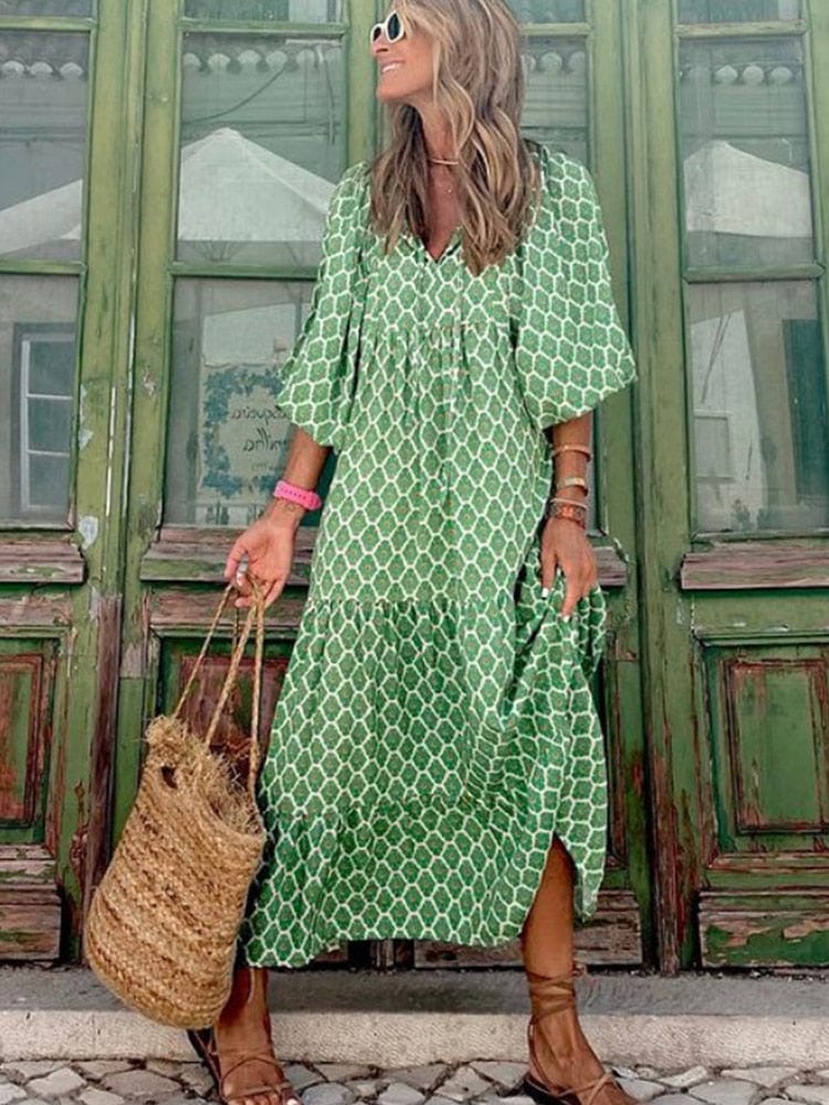 Green Ibiza Print Dress with Long Sleeves