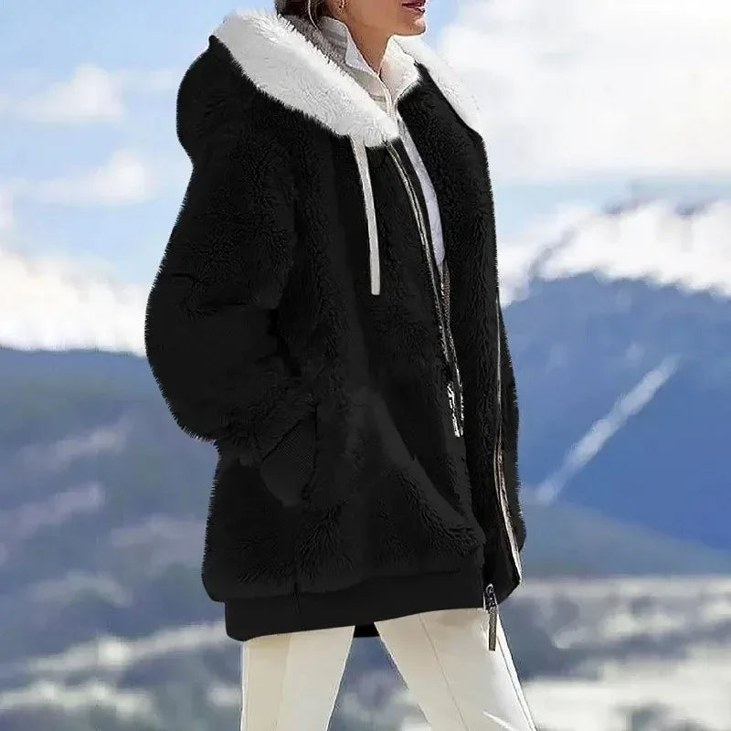 Daria™ | Colorblock Stripe Fuzzy Hooded Zip-Up Jacket