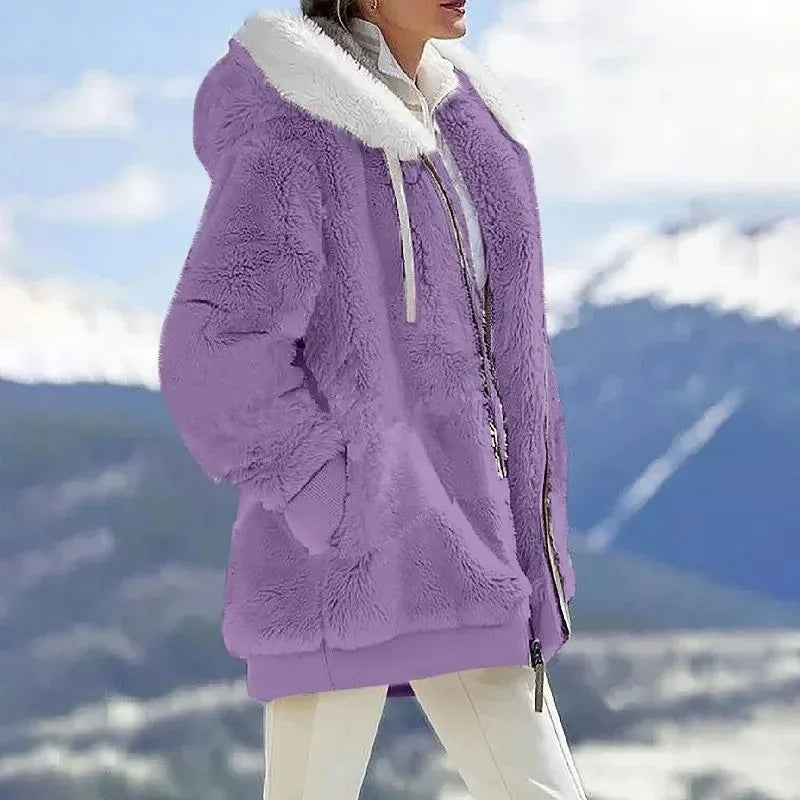 Daria™ | Colorblock Stripe Fuzzy Hooded Zip-Up Jacket