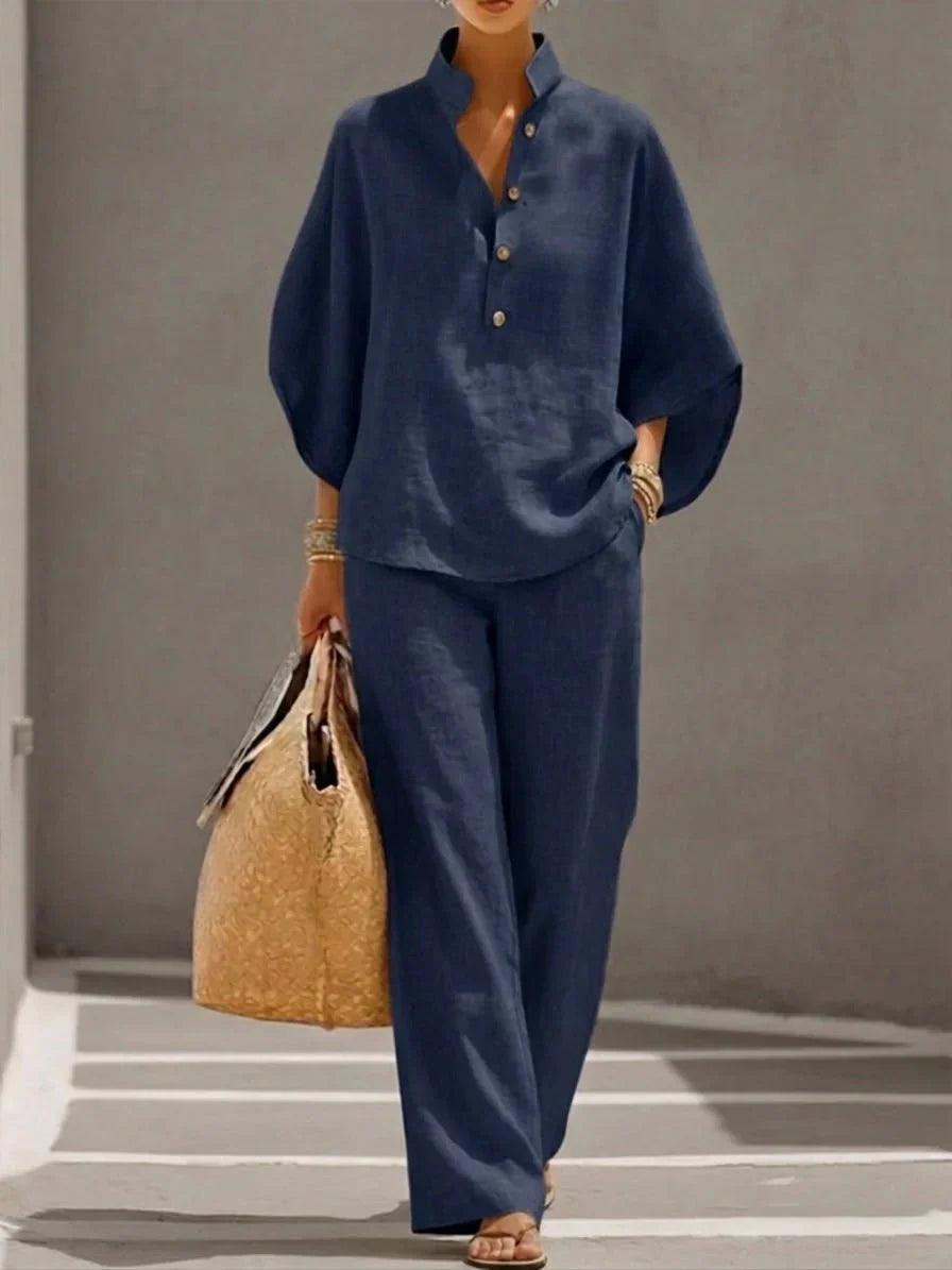 Maribel | Linen Batwing Sleeve Top & Wide-Leg Pants Set