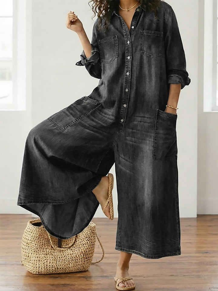 Diana | Vintage Soft Washed Cotton Denim Button Jumpsuit