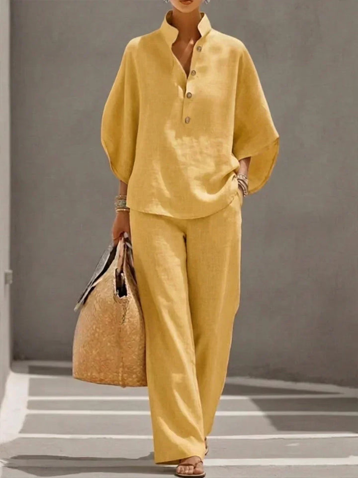 Maribel | Linen Batwing Sleeve Top & Wide-Leg Pants Set