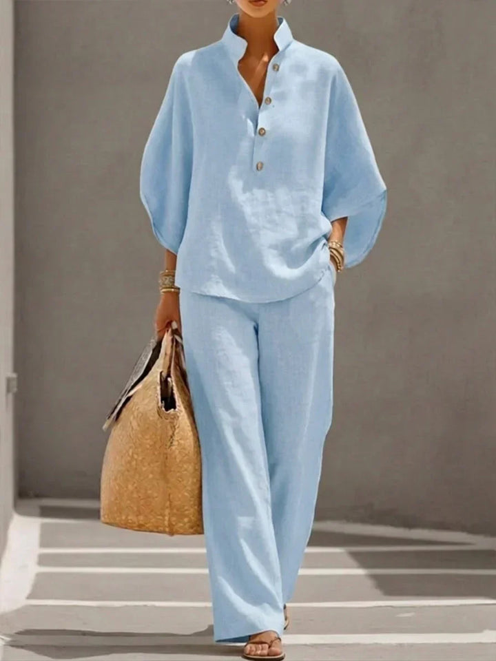 Maribel | Linen Batwing Sleeve Top & Wide-Leg Pants Set