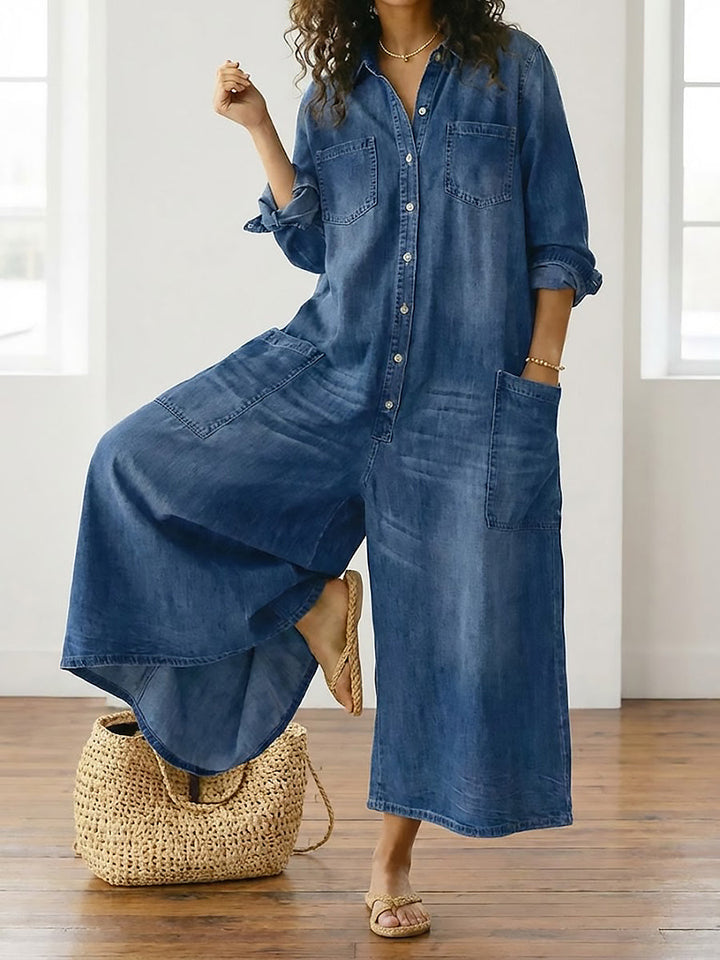 Diana | Vintage Soft Washed Cotton Denim Button Jumpsuit