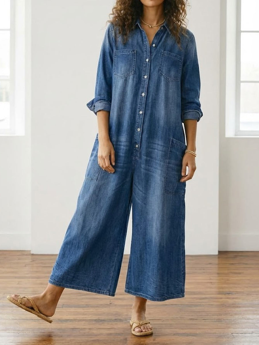 Diana | Vintage Soft Washed Cotton Denim Button Jumpsuit