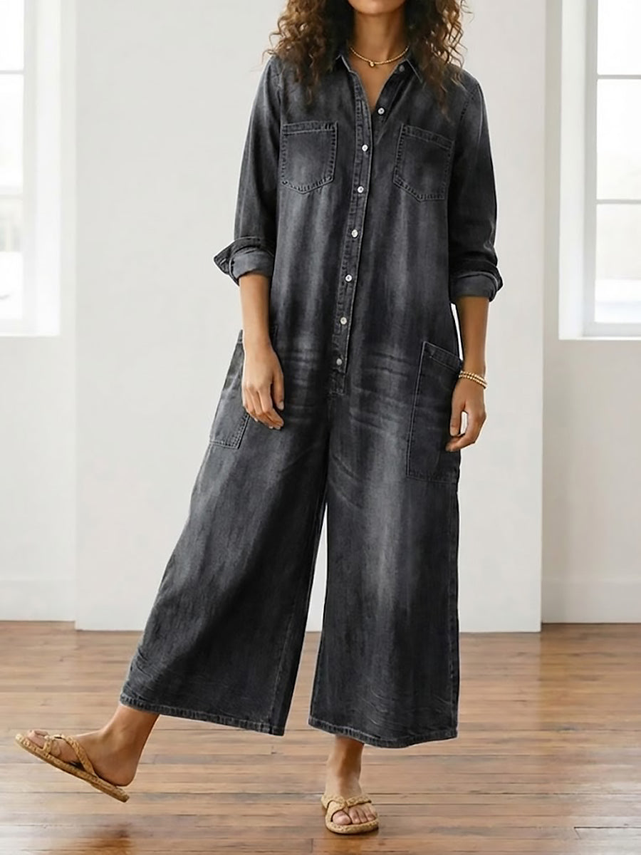 Diana | Vintage Soft Washed Cotton Denim Button Jumpsuit