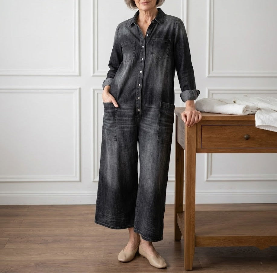 Diana | Vintage Soft Washed Cotton Denim Button Jumpsuit