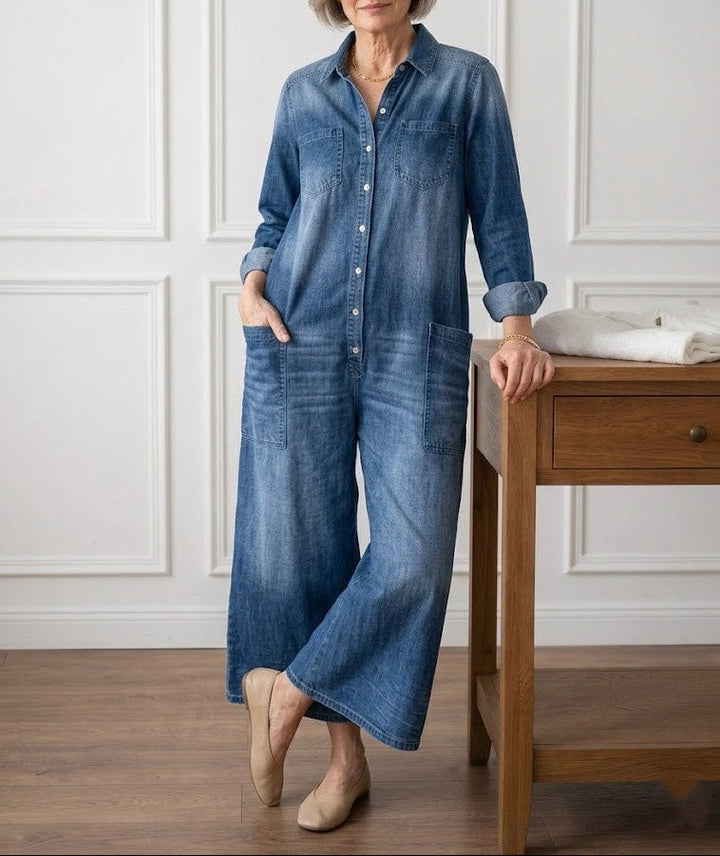 Diana | Vintage Soft Washed Cotton Denim Button Jumpsuit