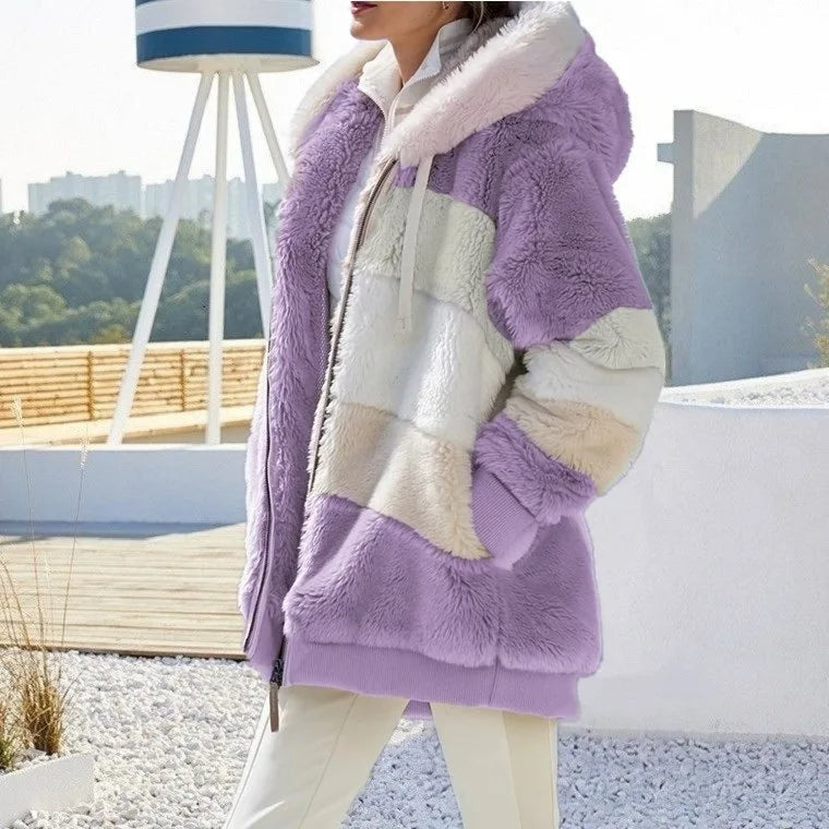Daria™ | Colorblock Stripe Fuzzy Hooded Zip-Up Jacket
